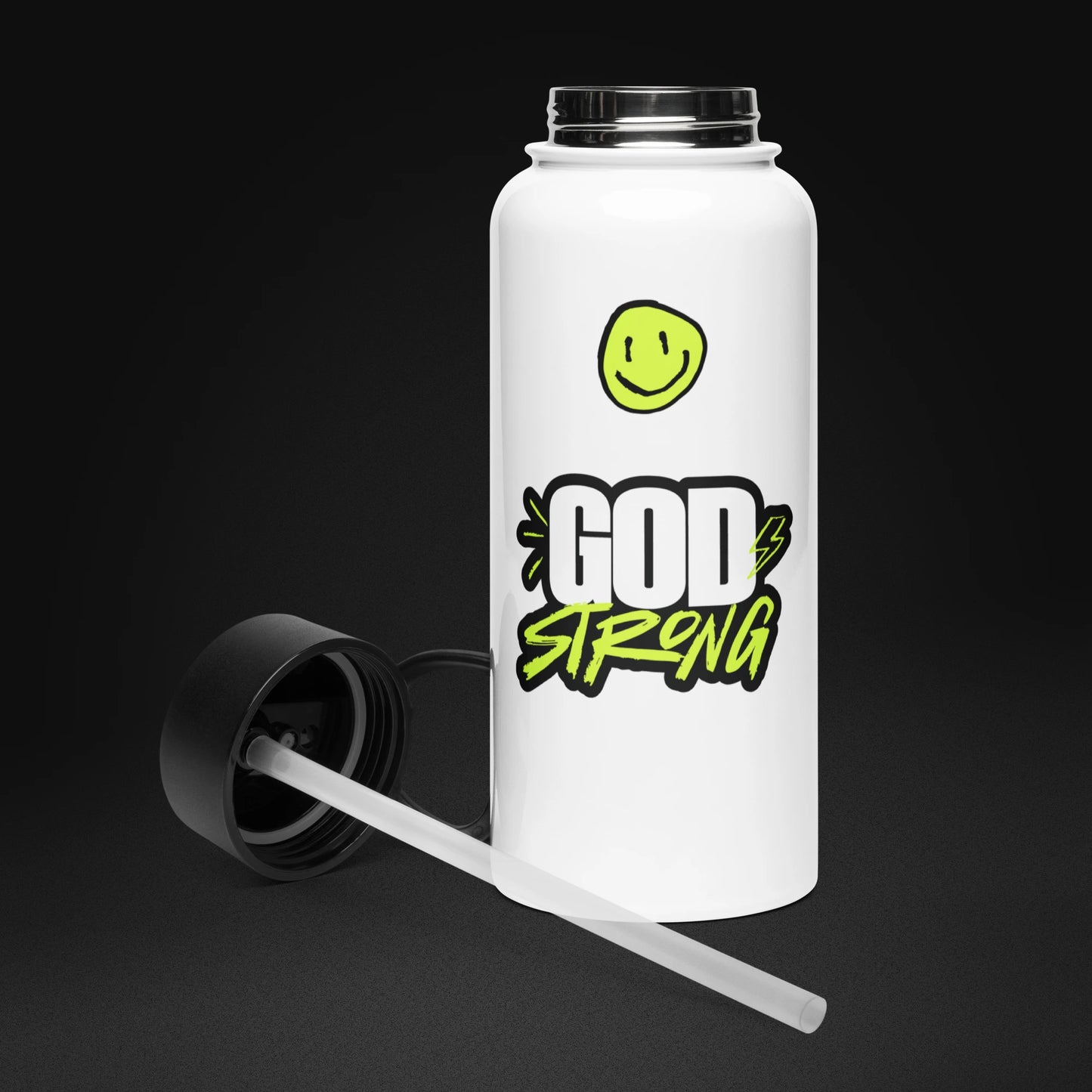 God Strong - Stainless Steel Water Bottle - FRONT LID OPEN