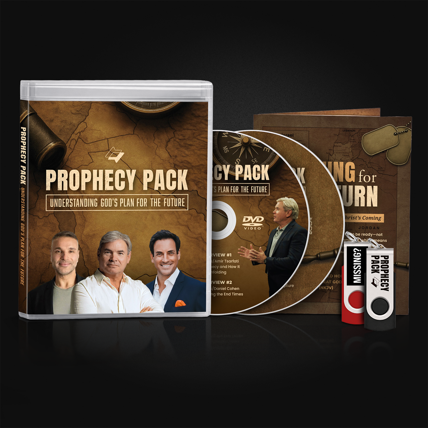 Prophecy Pack with DVD, video disc, and book on a dark background