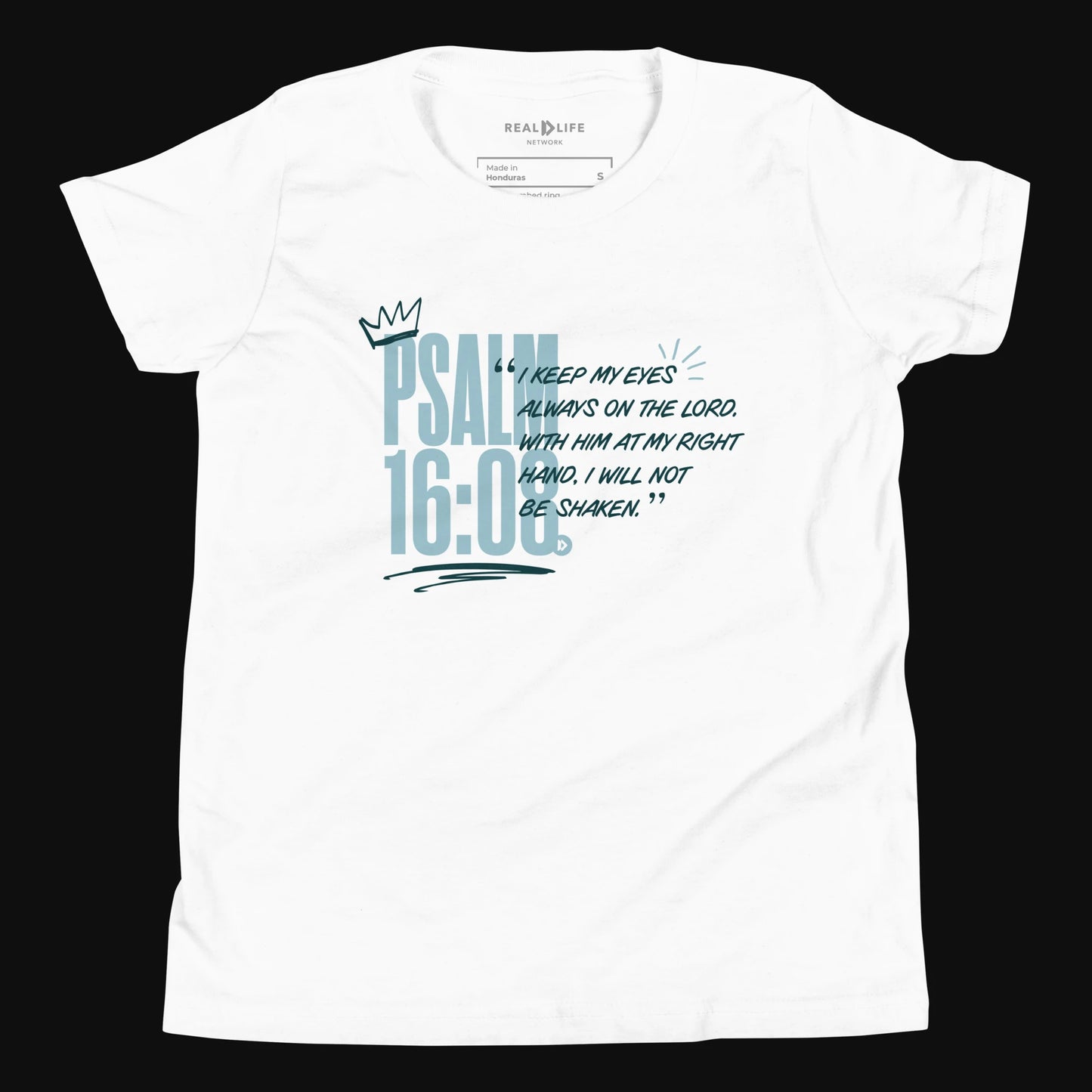 Psalm 16:8 — I Will Not Be Shaken | Youth Faith Tee - FLAT FRONT
