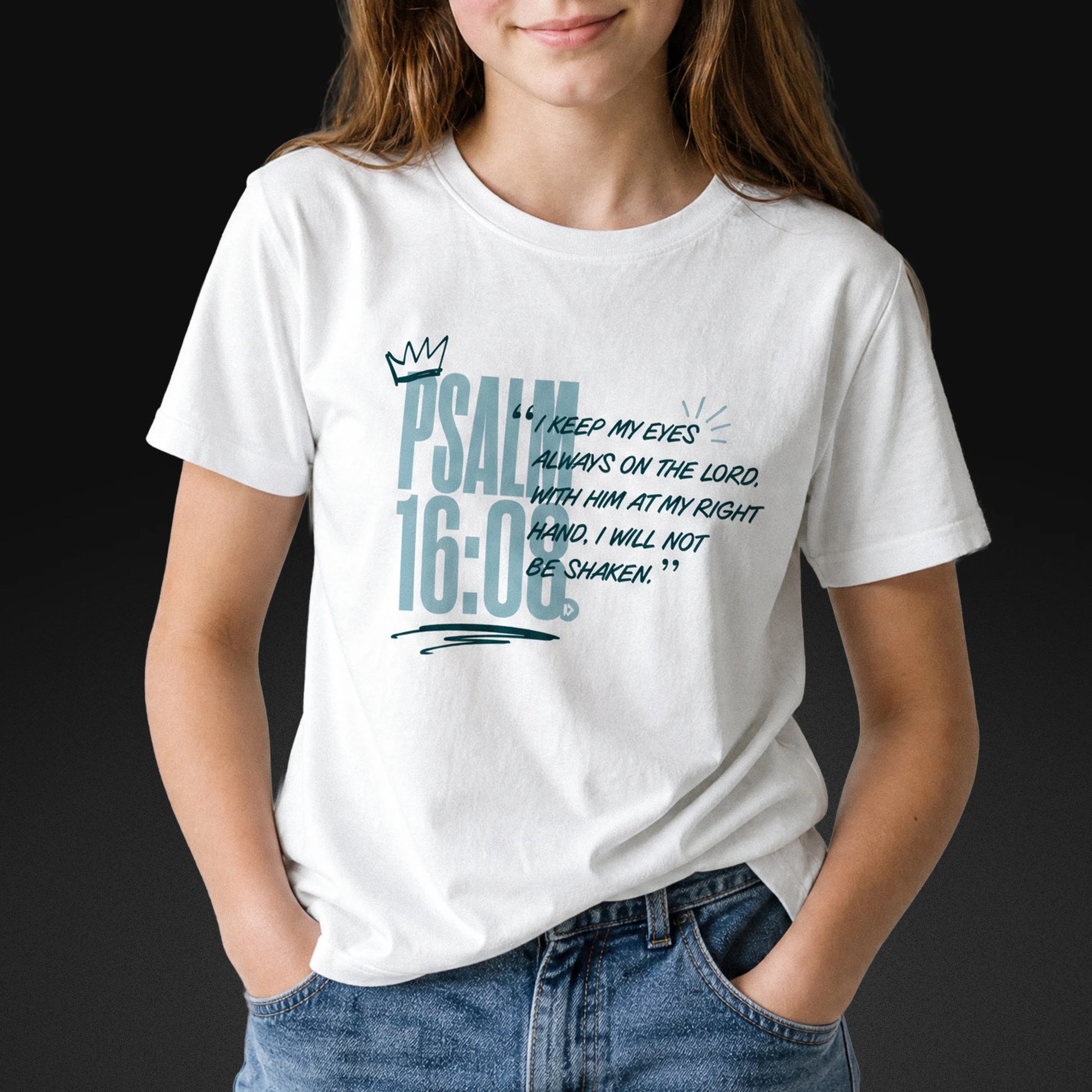 Psalm 16:8 — I Will Not Be Shaken | Youth Faith Tee - FRONT MODEL