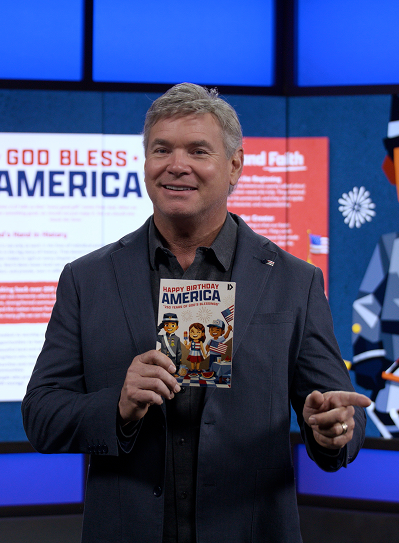 Pastor Jack Hibbs holding the Happy Birthday America Kids Guide
